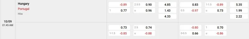 Trên đây là tỷ lệ kèo trận đấu Hungary - Bồ Đào Nha